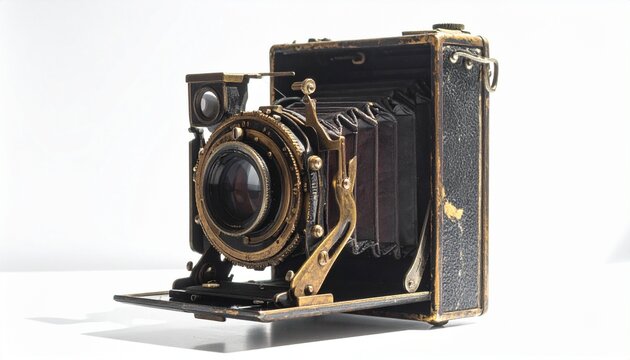 Bellows camera with brass fittings extends outward; symbolizing history, precision, and the artistry of early photographic innovation.