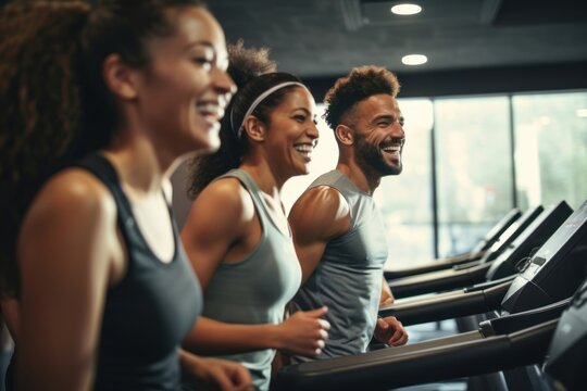 Group of adult in the fitness room treadmill exercising sports.