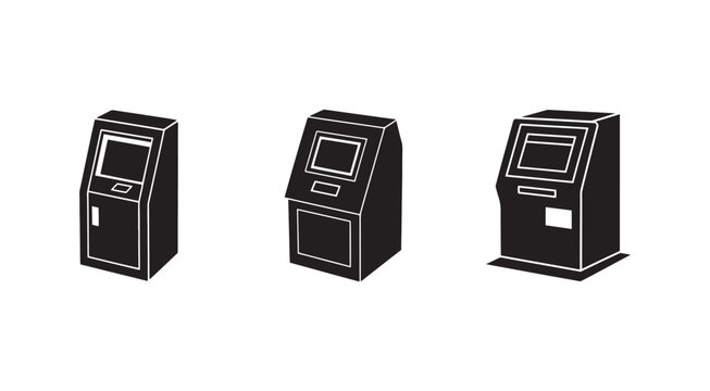 Three black and white illustrations of different automated teller machine designs  isolated on white background
