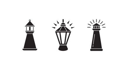 Fototapeta premium Three black and white lighthouse and lantern icons on white background tower light symbols