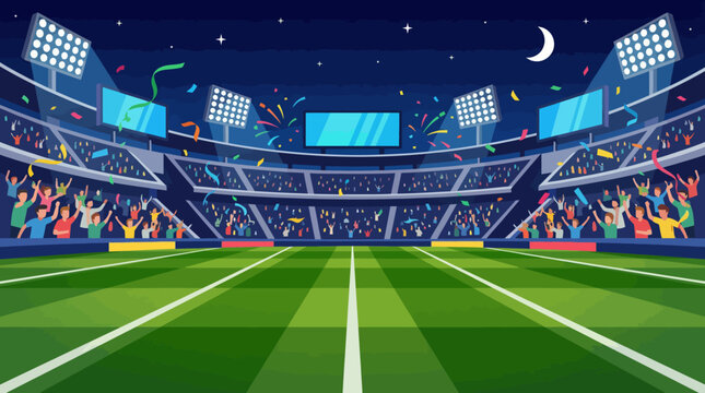 An animated depiction of a lively sports stadium filled with cheering crowds, surrounded by bright lights and colorful confetti, capturing the excitement and energy of game night.