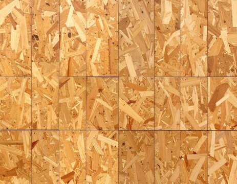 A close-up view showcases the textured surface of a particleboard sheet, revealing its wood chip composition.