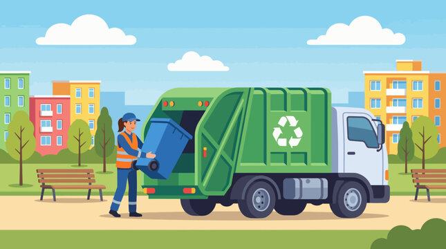 This colorful illustration depicts a waste collection scene with a recycling truck and a worker, emphasizing the importance of eco-friendly practices and community involvement in waste management.