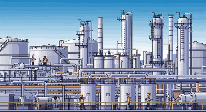 Pixel Art Industrial Plant with Workers and Blue Sky