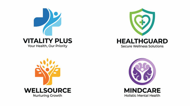 This collection features four unique healthcare logos, each designed with a focus on wellness and mental health, perfect for professionals seeking a modern and reliable brand identity.