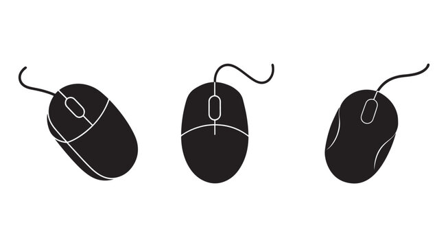 Three black computer mice with cords and white outlines on white background for technology and computing concepts  office and gaming accessories