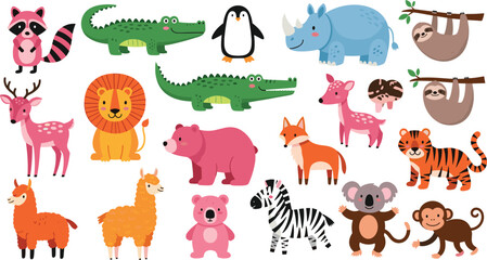 Fototapeta premium Large Collection of Cute Cartoon Animal Vectors Featuring Lion Tiger Elephant Rhino Zebra Sloth Monkey and Penguin for Kids Nursery and Educational Graphic Designs