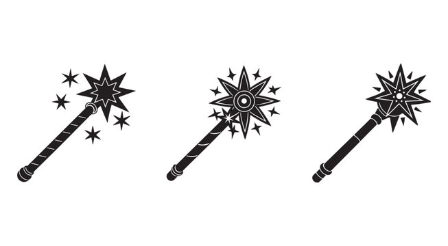 Three black magic wands with starburst effects and sparkling stars on white background for fantasy or magical themes  magic  wands