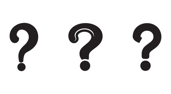 Three black question mark symbols in different styles on white background  query signs for confusion or inquiry