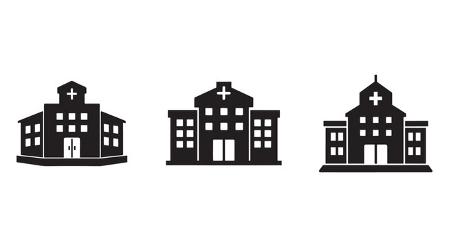 Three black silhouette hospital building icons with cross on roof  medical center architecture  healthcare facility design