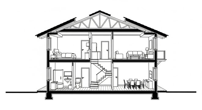 Architectural cross section drawing of a two story house interior.