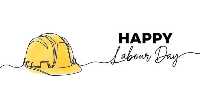 Happy labour day continuous line drawing with yellow safety helmet