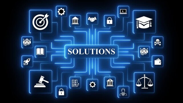 Solutions concept network animation with connected technology icons, glowing data nodes and digital problem solving workflow visualization on 4k technology,4k animation