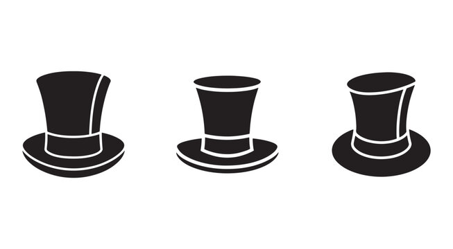 Three black top hats with white outlines in different angles isolated on white background