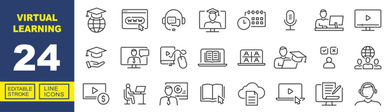 Virtual Training line icon set. Exclusive Virtual Training line icon collection. Containing Browser, Headphones, Graduate, Calendar, Microphone, Monitor, Laptop, Cloud, Globe, Video. Editable stroke.