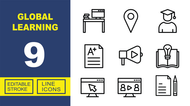 Global Learning line icon set. Exclusive Global Learning line icon collection. Containing Desk, Location, Student, Grade, Megaphone, Idea, Click, Meeting, Paper, Pencil. Editable stroke.