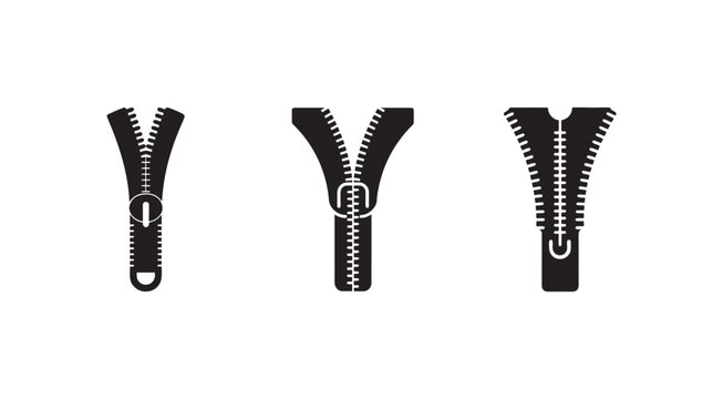 Three black zipper icons in different states  closed and open with and without pull tab  on white background