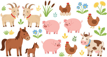 Fototapeta premium Cute Farm Animal Vector Set Featuring Goats Pigs Cow Horse with Foal and Hens with Nature Flowers and Grass for Rural Countryside Decorations