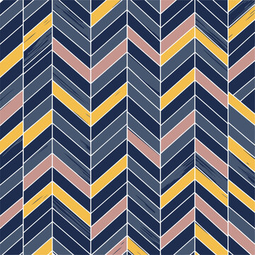 Geometric herringbone pattern in navy blue, yellow, and mauve with textured brushstrokes. Abstract design with repeating chevron pattern for interior design.