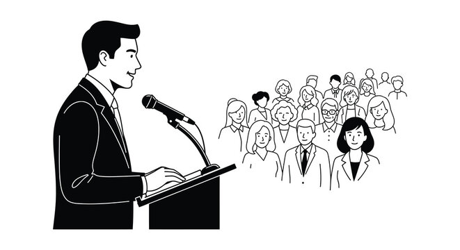 speaker, audience, presentation, microphone, podium, business, meeting, people, group, formal, event, communication, leadership, public, speaking, address, black, white, illustration, vector, sketch, 