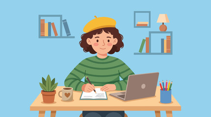 A cheerful girl sits at a cozy desk, writing in a notebook with a warm mug beside her, illustrating the joy of creativity and the comfort of a productive workspace. © cui