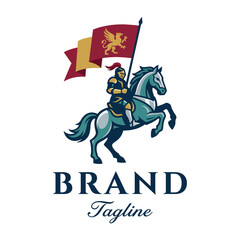 Fototapeta premium A striking logo featuring a knight on a horse, wielding a flag, symbolizing strength, courage, and tradition, perfect for a brand seeking to convey heritage and valor.