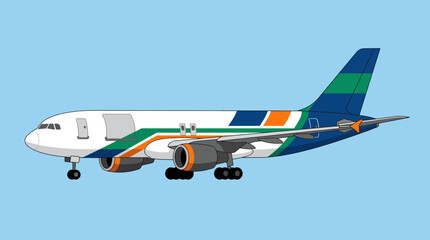 A detailed illustration of a modern passenger aircraft with vibrant colors, showcasing the sleek design and engineered features for air travel in contemporary aviation. © cui