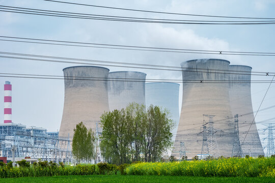 Coal-Fired Pithead Power Plant with Cooling Towers and Transmission Lines