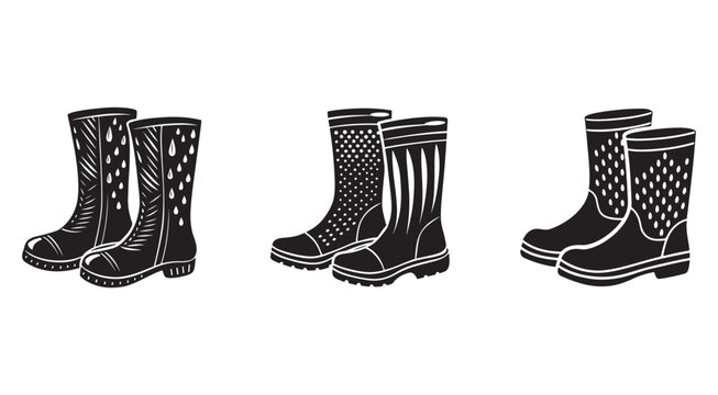 Three pairs of black rain boots with different designs and patterns on a white background  rubber boots with drops and stripes