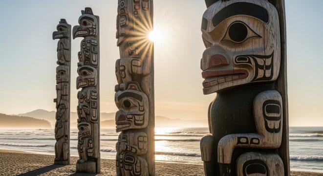 Sun-Warmed Intricately Carved Wooden Totem Poles Stand Tall on a Beach at Sunrise