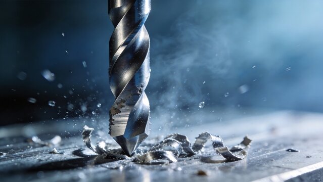 Drill bit cutting metal with shavings