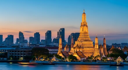 Naklejka premium Illuminated ornate temple with skyscrapers backdrop at dusk, beside a river