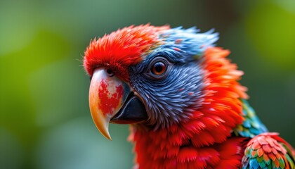 Obraz premium The image features a close up of a colorful bird with vibrant plumage. Its head and face are adorned with bright red feathers, transitioning into shades of blue and green on its body