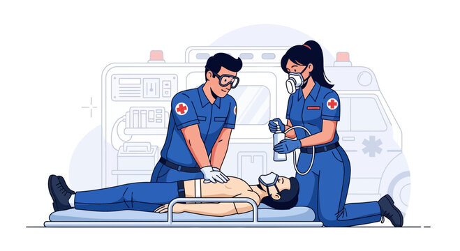 Paramedics perform CPR and defibrillation on patient, ambulance in background - vector illustration
