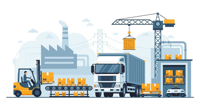 Logistics warehouse with forklift, truck, crane, conveyor belt and delivery robot