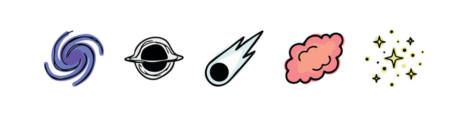 Colorful Hand Drawn Space Icons Set Galaxy Comet and Nebula Doodles © liubomir118809