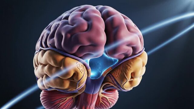Anatomical Human Brain Visualization with Internal Energy and Neural Pathways on Dark Background
