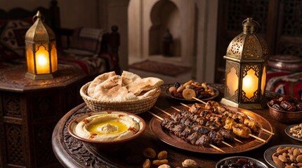 Naklejka premium Traditional Middle Eastern Food Table with Grilled Kebabs Hummus Pita Bread and Lanterns
