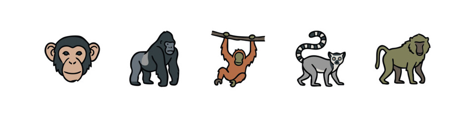 Primate Species Icon Set with Chimpanzee Gorilla Orangutan Lemur and Baboon © liubomir118809