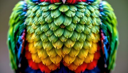 Obraz premium The image showcases a close up of a colorful bird's vibrant plumage, with feathers arranged in a layered pattern that transitions through a spectrum of colors including green, yellow, orange, red