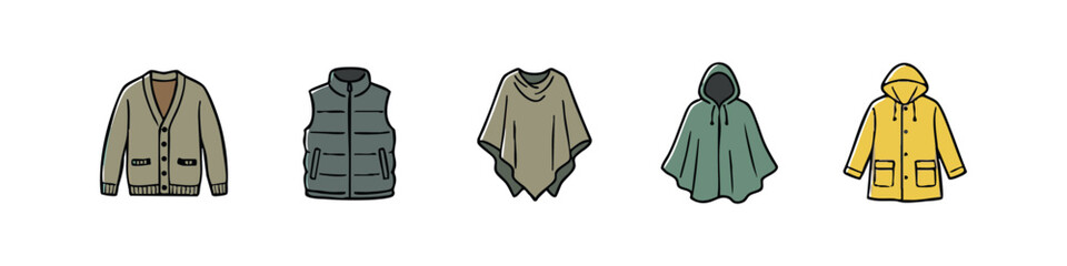 Hand Drawn Outdoor Clothing Set Including Raincoat Poncho Cardigan and Puffer Vest © liubomir118809