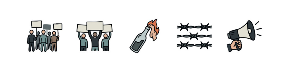 Fototapeta premium Demonstration and Resistance Icons featuring Molotov Cocktail and Barbed Wire