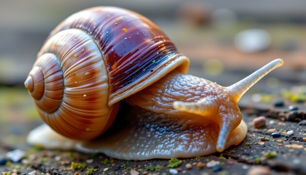A close up of a snail showcases its large, spiraled shell with shades of brown, beige, and hints of reddish tones, displaying a glossy and smooth surface with subtle speckles