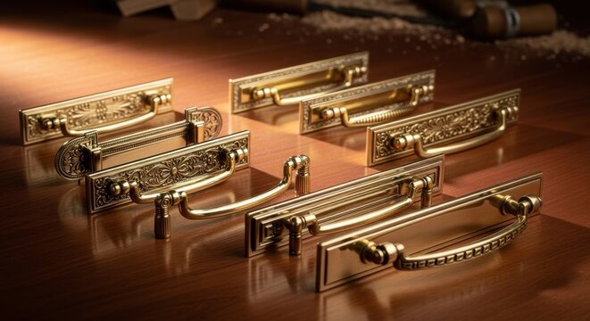 Assortment of Ornate Polished Brass Drawer Pulls and Cabinet Handles Displayed on a Wooden Surface