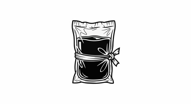 Hand-drawn illustration of a clear plastic pouch filled with dark liquid, tied with string