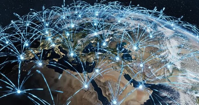 This captivating animation illustrates a dynamic, futuristic global network, showcasing intricate data streams and communication nodes spread across the Earth's surface. Bright blue glowing lines eman