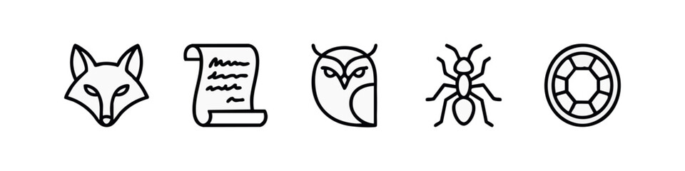 Clean Minimalist Animal Icon Set featuring Fox Owl and Ancient Scroll © liubomir118809