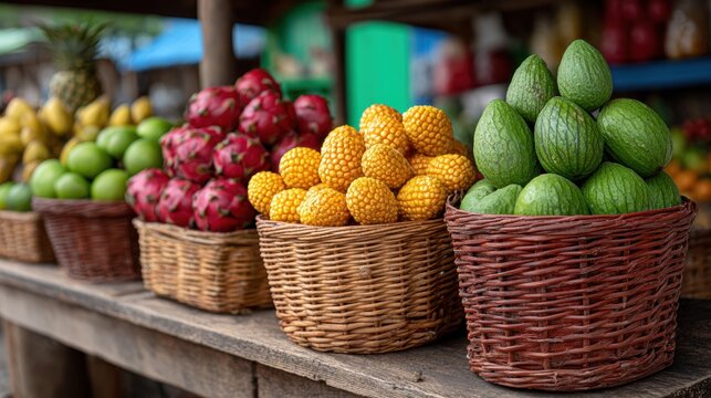 Tropical fruit stall with vibrant colors and textures of fresh produce