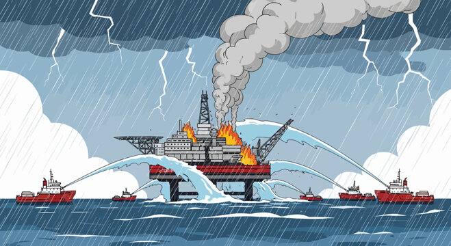 Oil rig fire disaster, rescue boats fighting flames during storm, dramatic offshore emergency