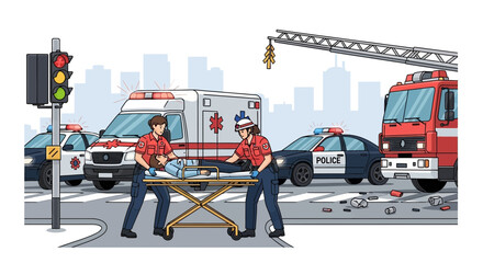 Emergency Scene: Paramedics Transfer Patient from Ambulance amidst Police and Fire Truck © Senja